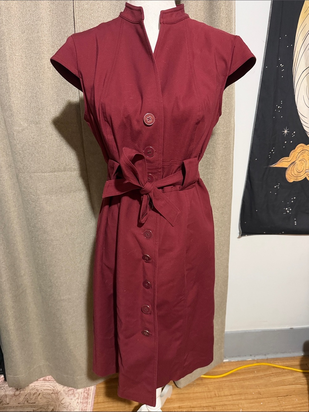 New York & Company Wine Red Button-Front Tie-Waist Midi Dress